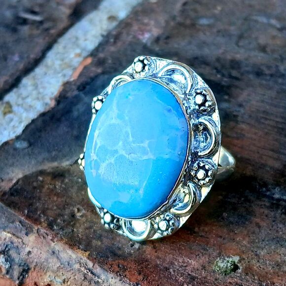 925 Plated Larimar Crystal Ring, Gemstone Jewelry, Silver, Size 9 - Picture 3 of 4
